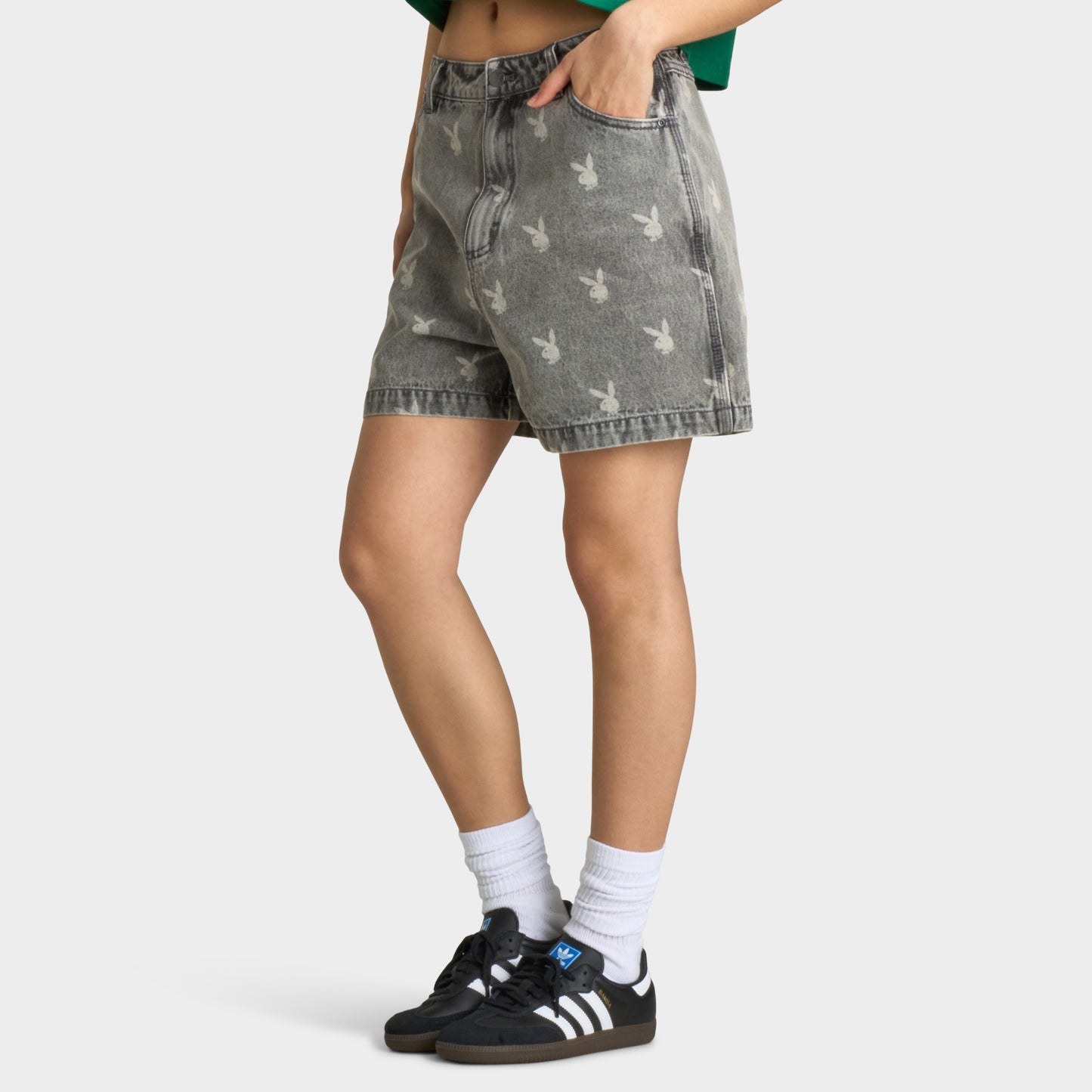 Playboy Bunny Logo Washed Denim Shorts / Light Grey Washed