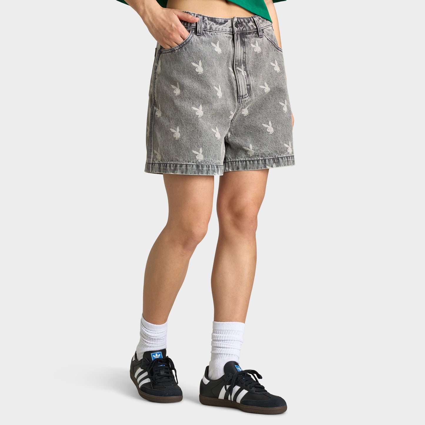 Playboy Bunny Logo Washed Denim Shorts / Light Grey Washed