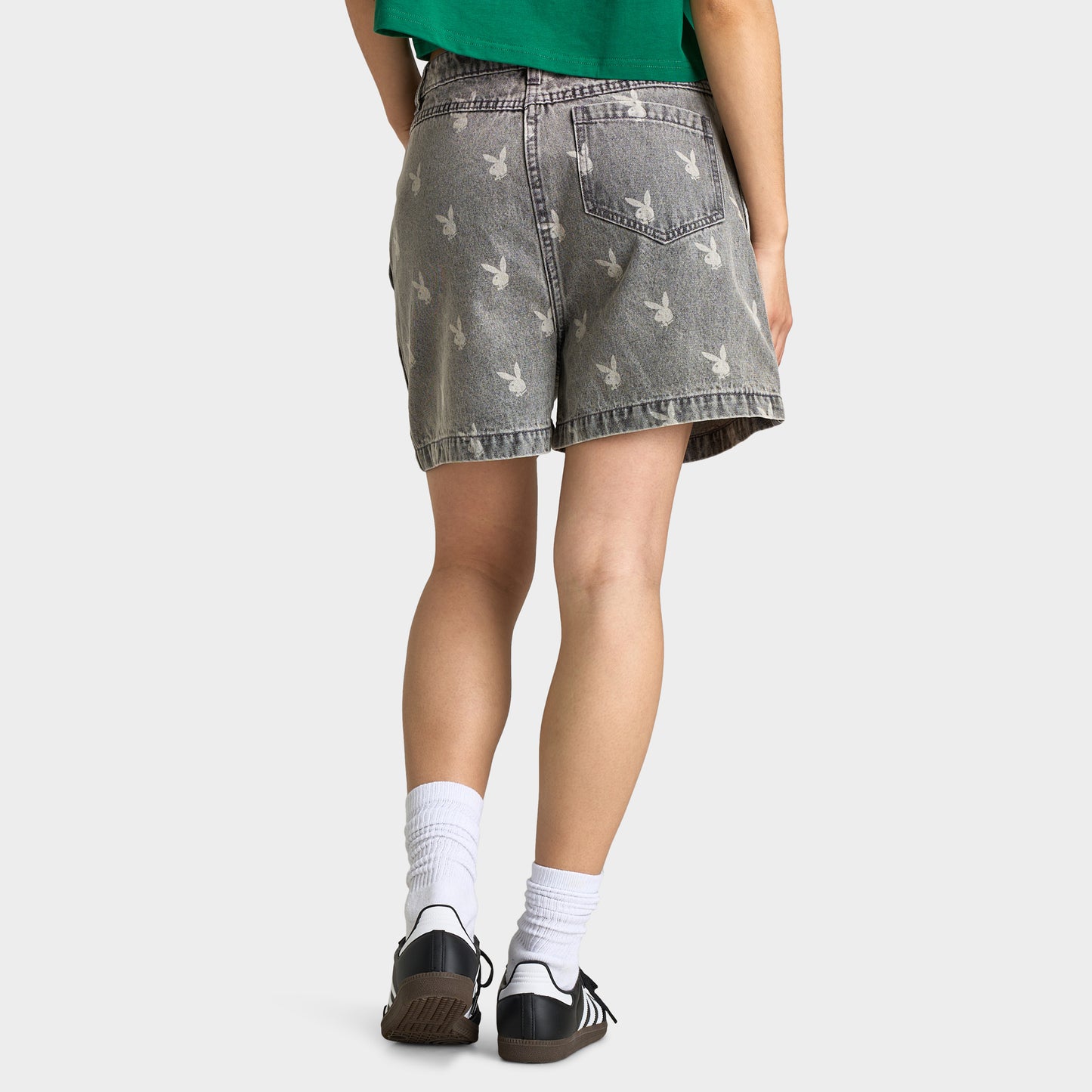 Playboy Bunny Logo Washed Denim Shorts / Light Grey Washed