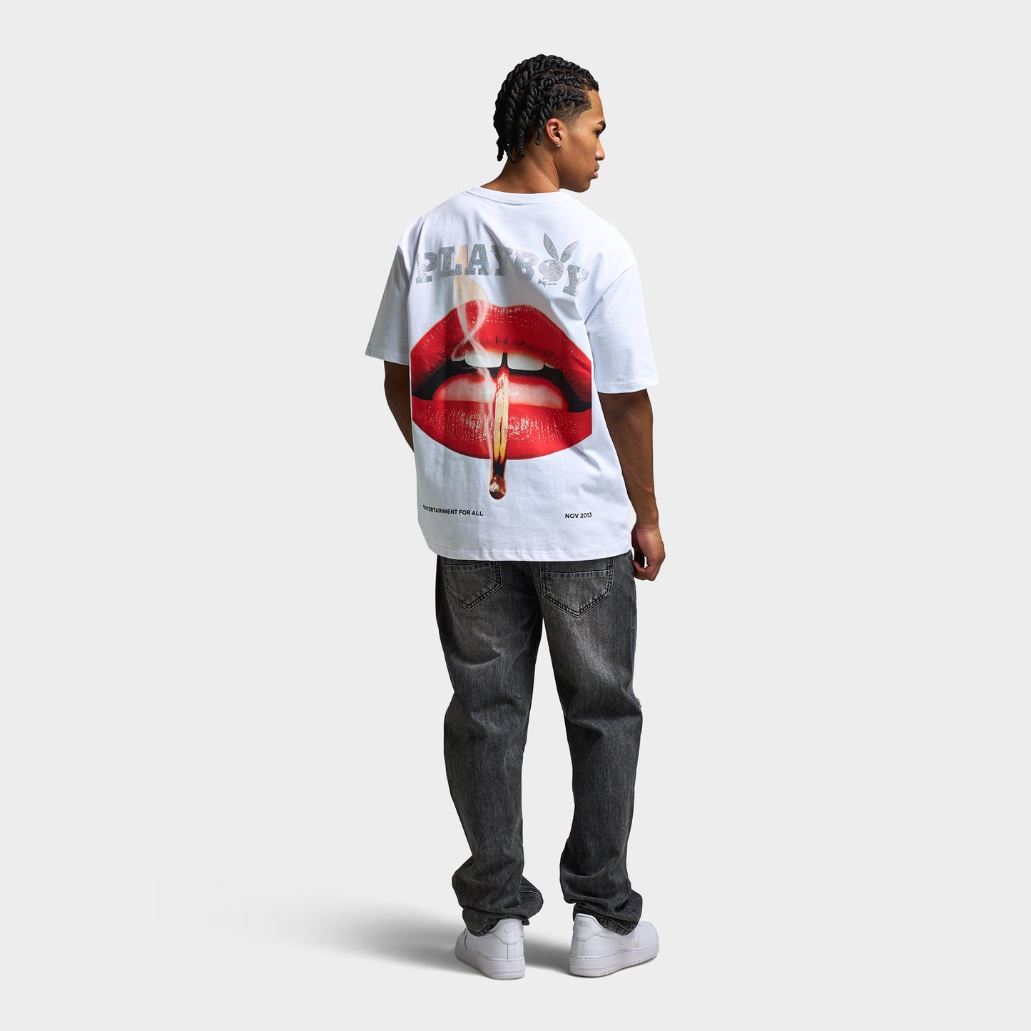 Playboy Women's Lips Diamonte Graphic T-Shirt / White