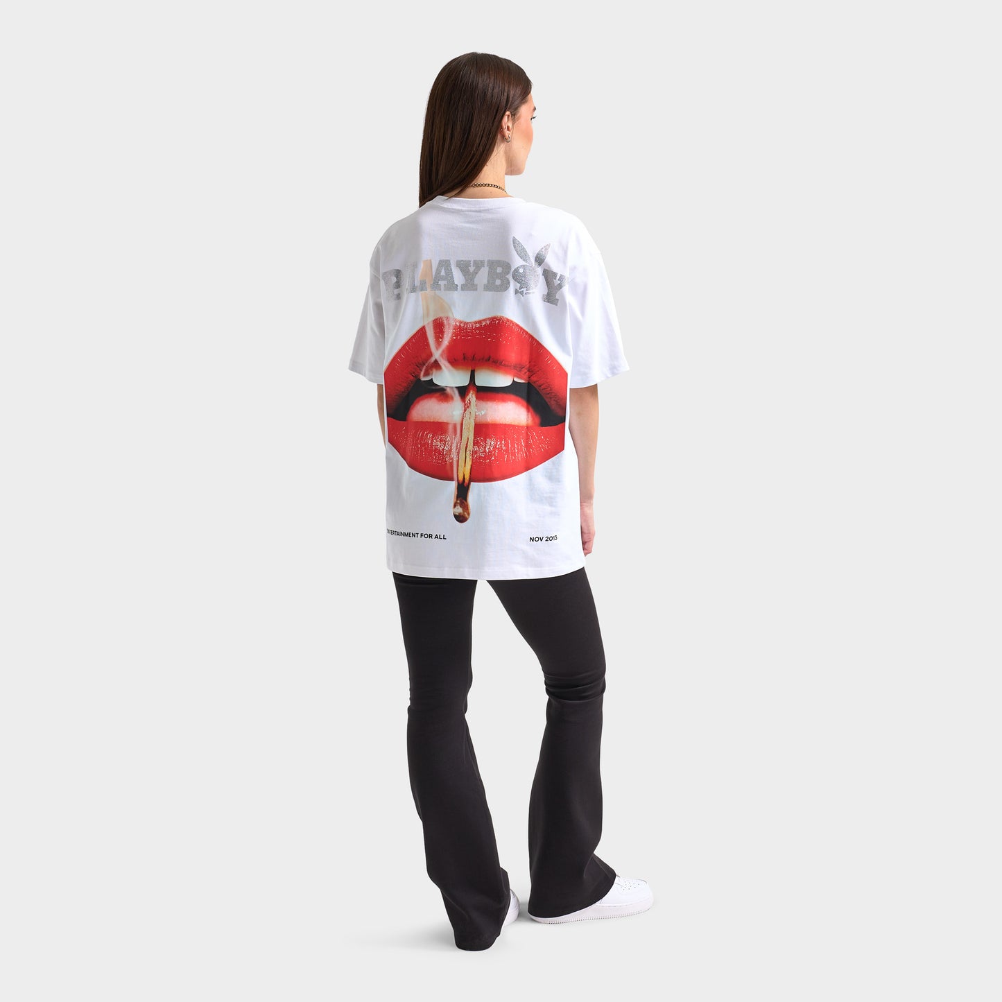 Playboy Women's Lips Diamonte Graphic T-Shirt / White