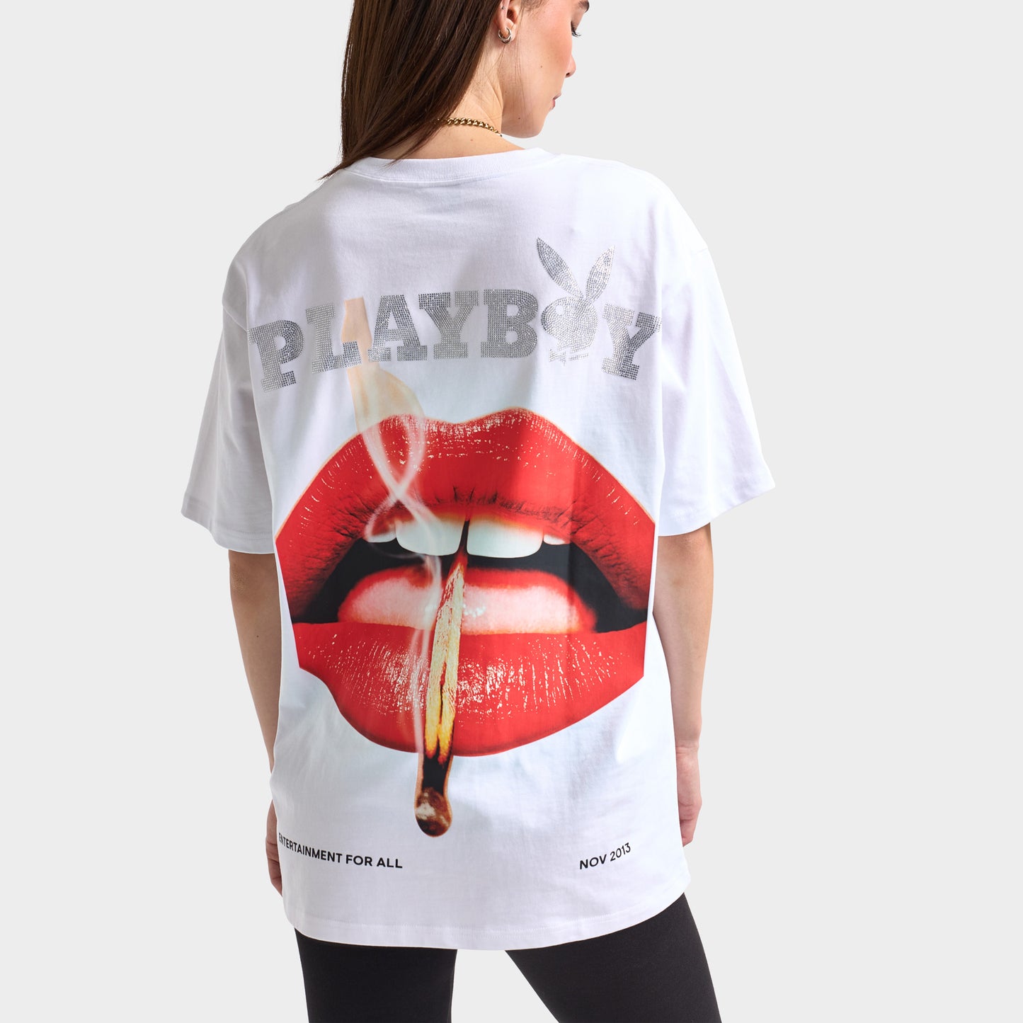 Playboy Women's Lips Diamonte Graphic T-Shirt / White
