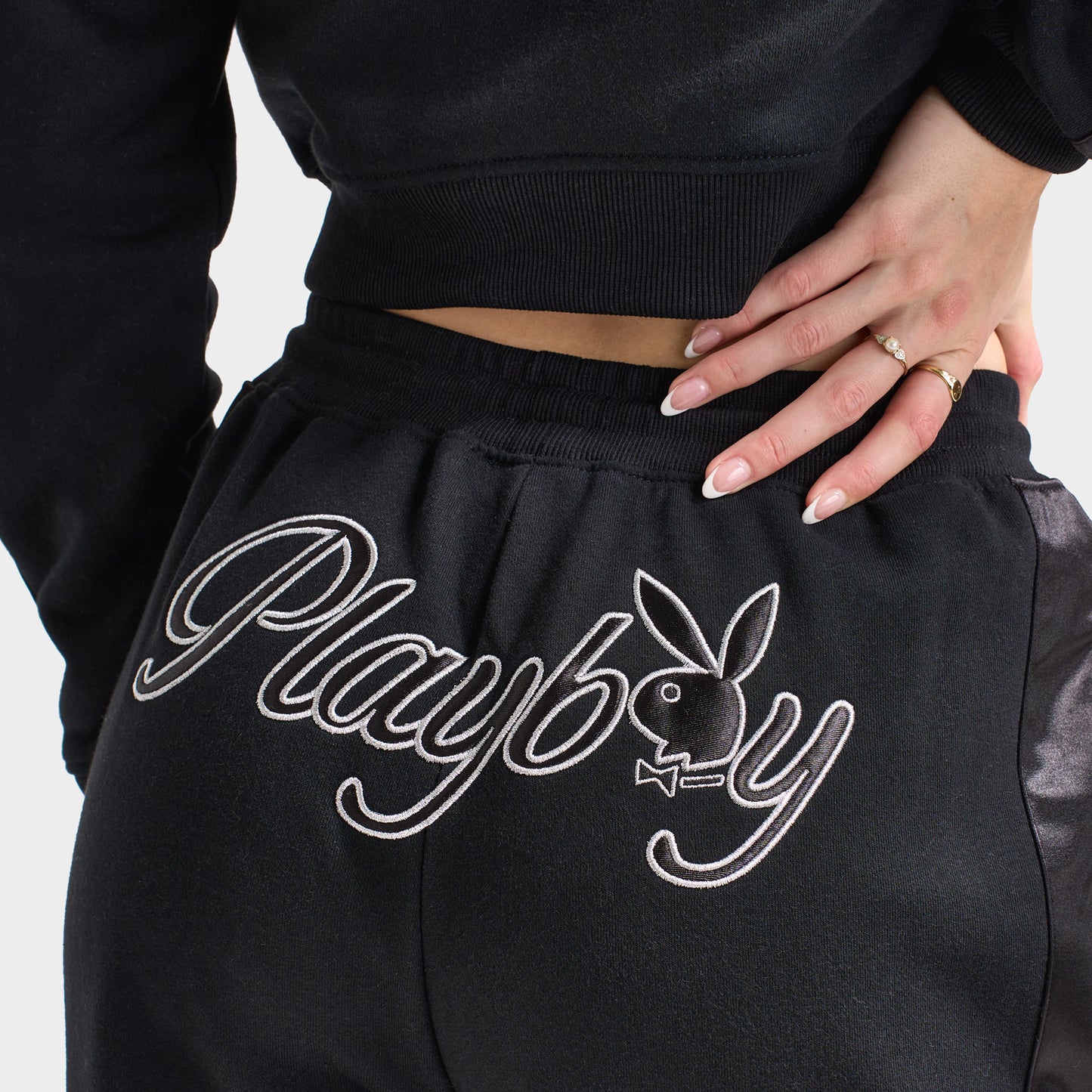 Playboy Script Wide Leg Track Pants / Black