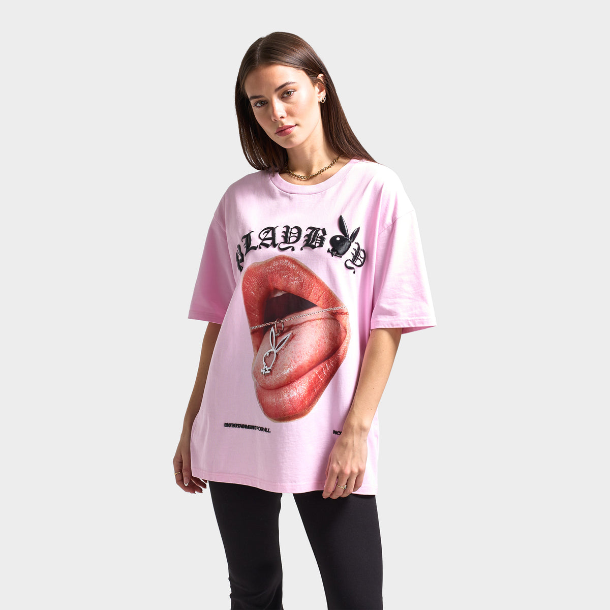Playboy Women s Bunny Necklace Oversized Graphic T shirt Pink JD Sports