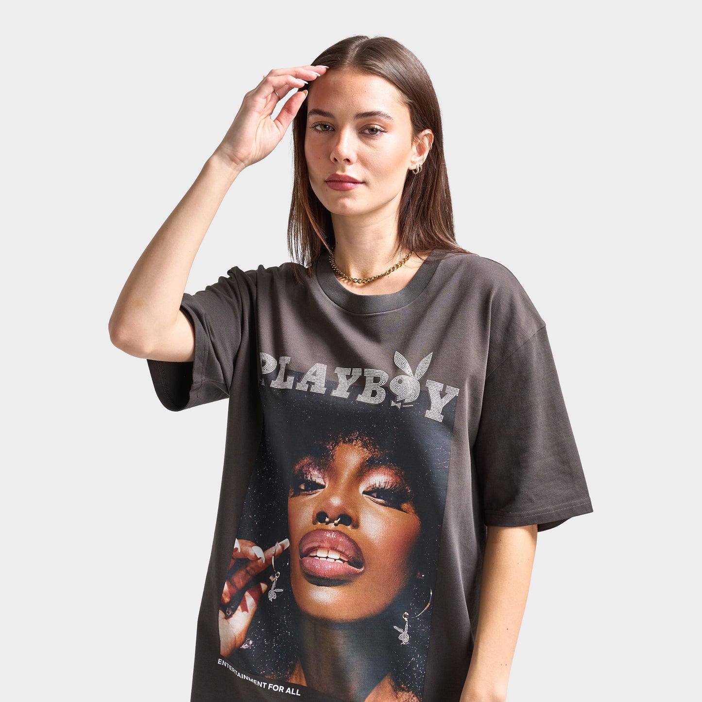 Playboy Diamonte Covers Oversized Graphic T-Shirt / Washed Black
