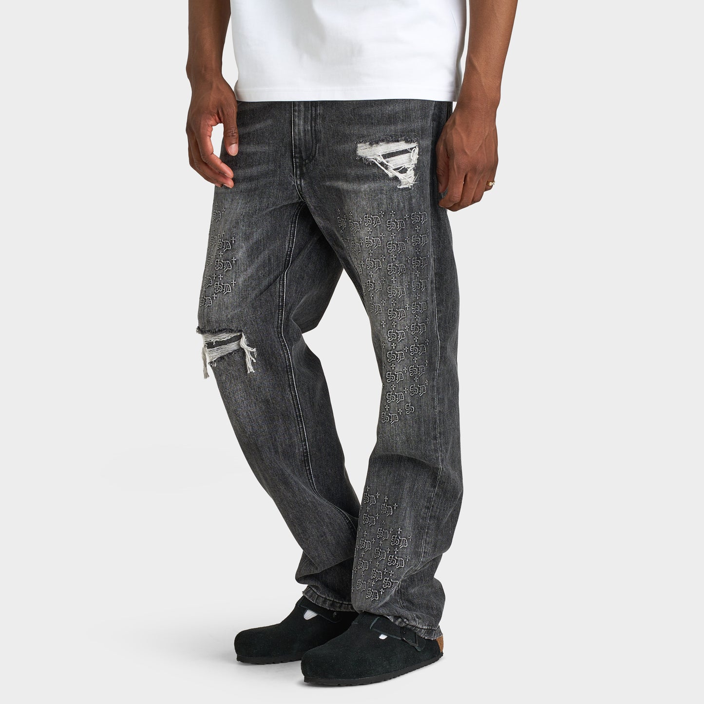 Supply & Demand Jeans à Effet Gaufré et Déchirés / Denim Noir Délavé