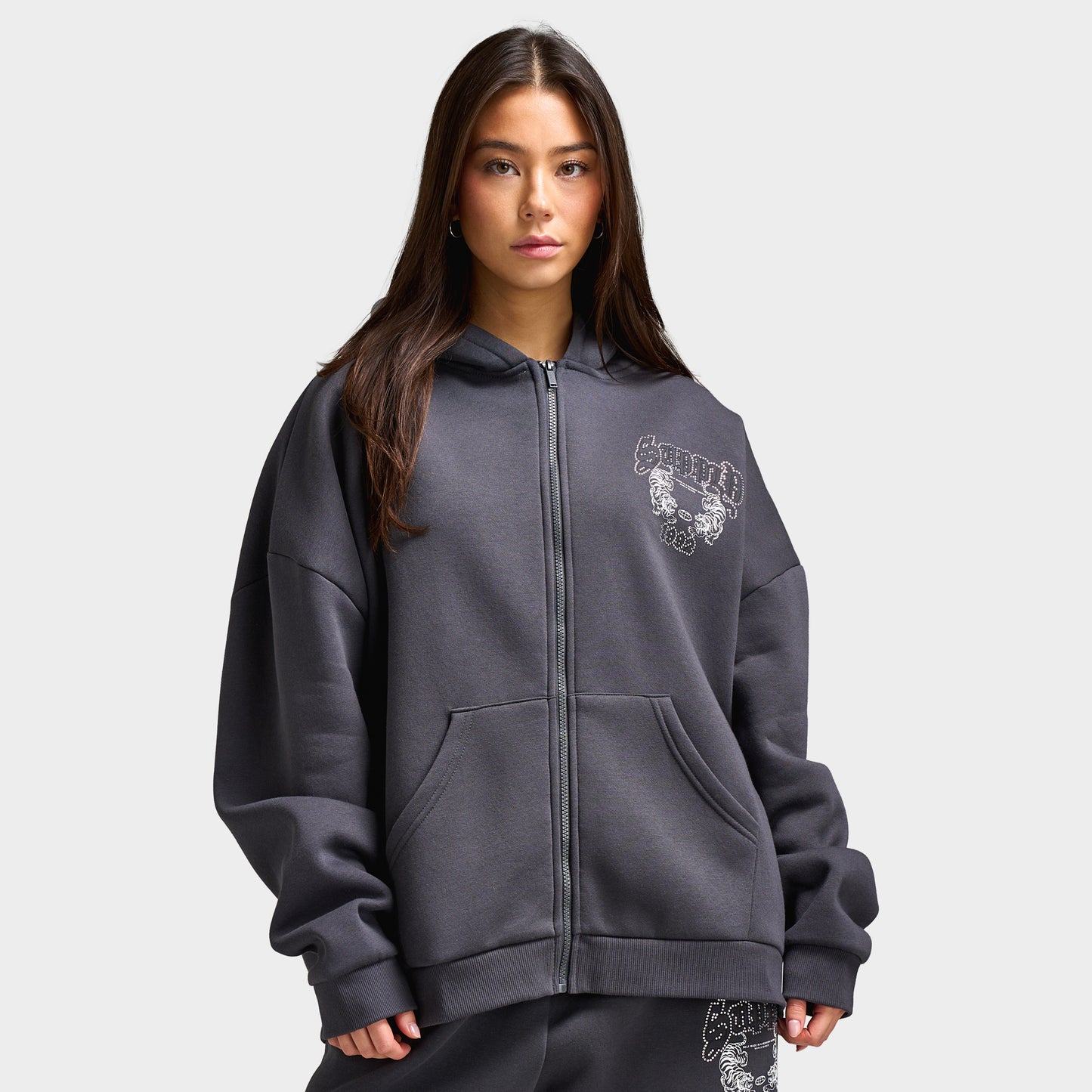 Supply & Demand Women's Heather Full Zip Hoodie Black Sand / Rhinestones Keyline