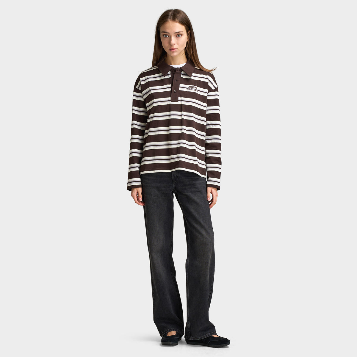 Unlike Humans Aira Rugby Long Sleeve Polo Tshirt / Black Coffee