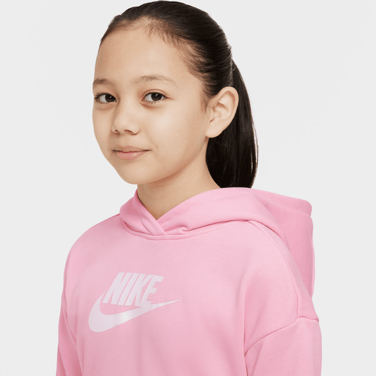 Nike Junior Girls Sportswear Club French Terry Cropped Pullover Hoodie Medium Soft Pink White