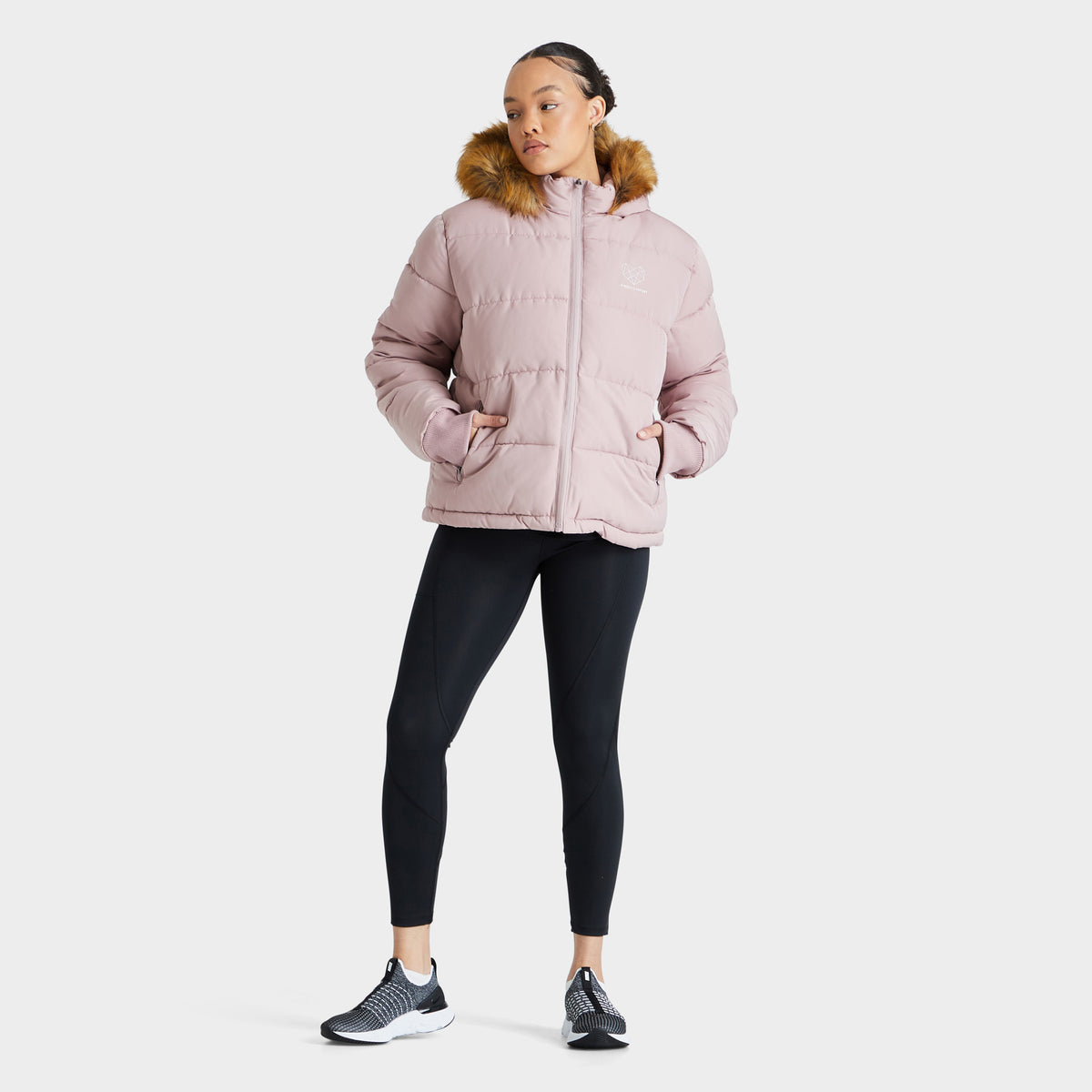 Pink puffer jacket best sale with fur hood