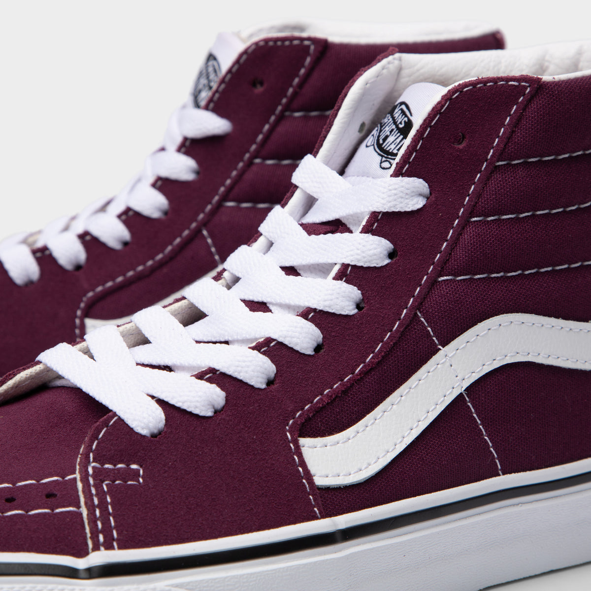 Burgundy and white online high top vans