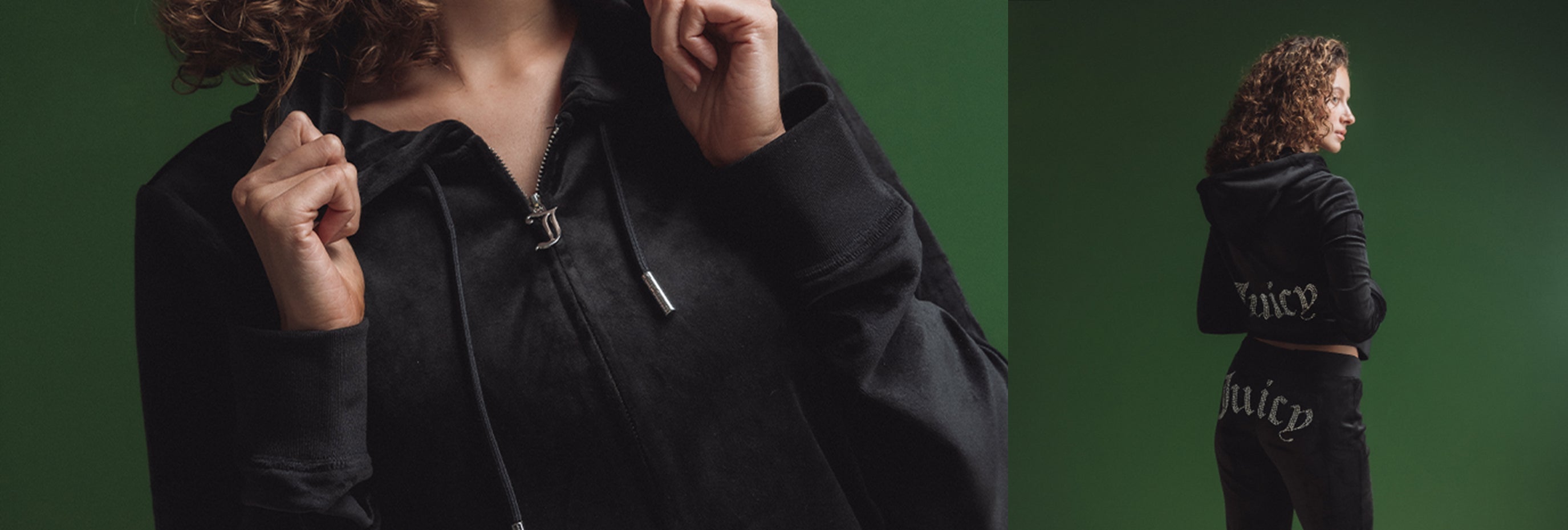 A woman is wearing a black Juicy Couture velour tracksuit with rhinestone logos on the bum and back..