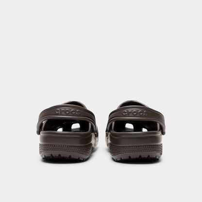 Crocs Classic Clog. Rear view of espresso clogs with lowered heel straps, rounded heels and matching soles.