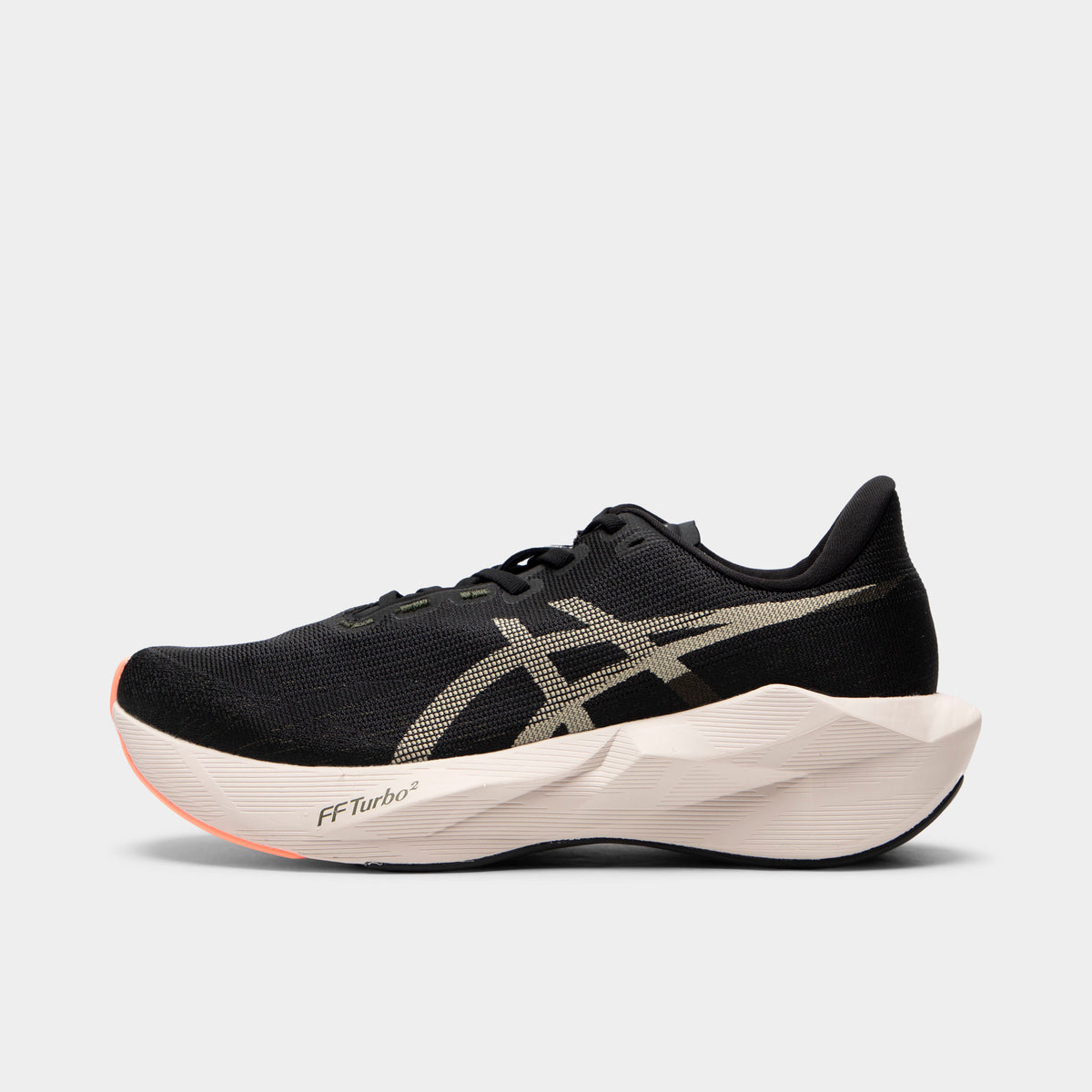 ASICS Novablast 6. Side view of black and khaki running shoe with black mesh upper, khaki ASICS stripes and sculpted white midsole with orange outsole accents.