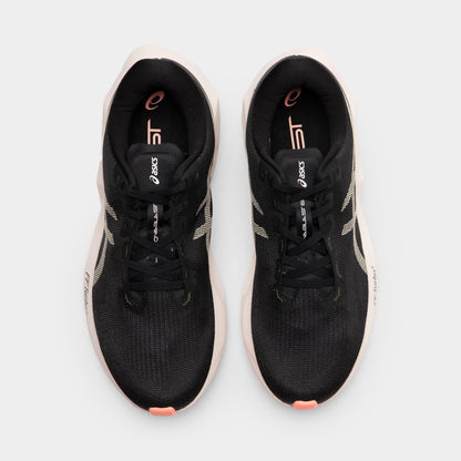 ASICS Novablast 6. Top view of black and khaki running shoes showing black laces, padded tongues and orange insole details.