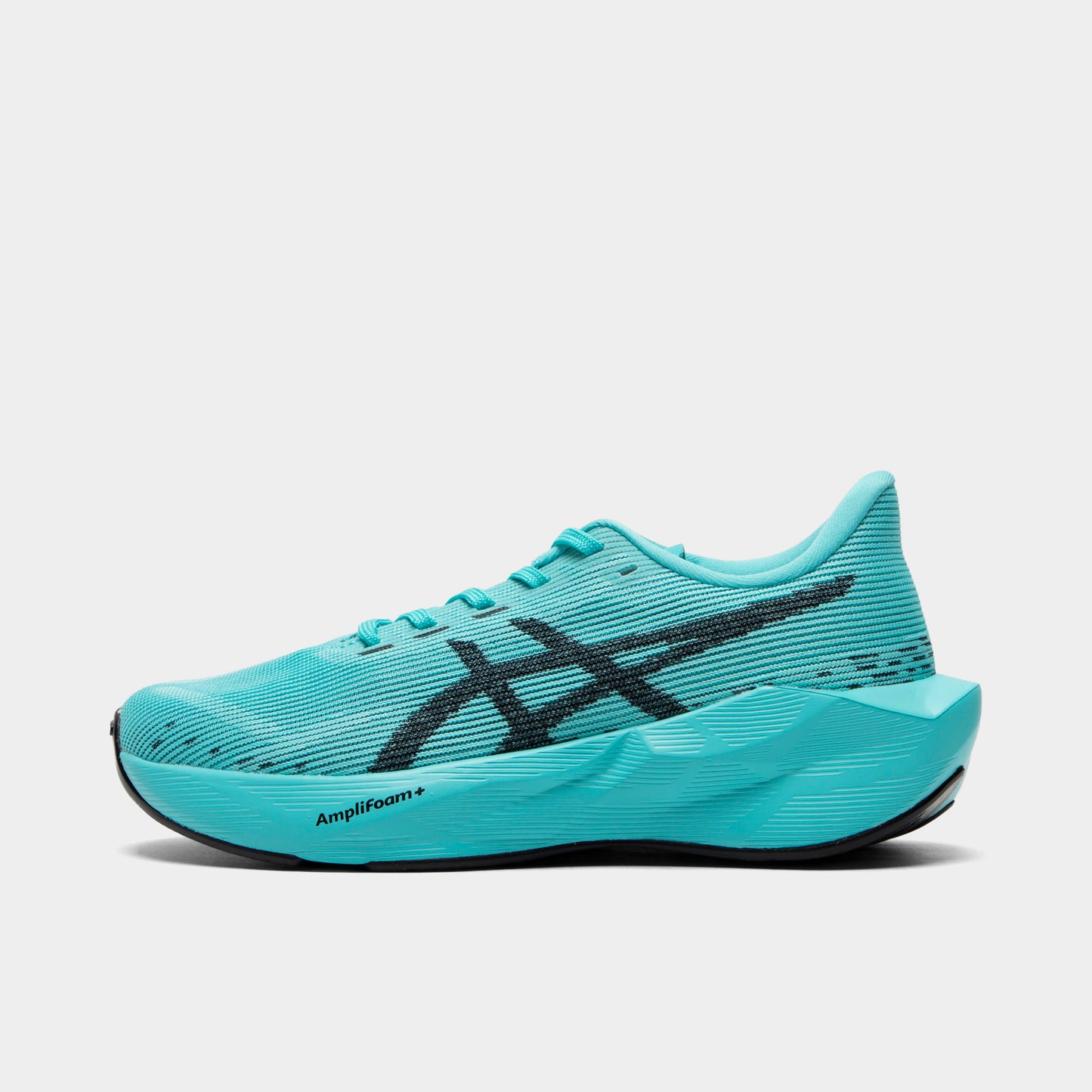 ASICS Juniors' Novablast 5. Side view of ice mint and black junior running shoe with mesh upper, black ASICS stripes and sculpted midsole.