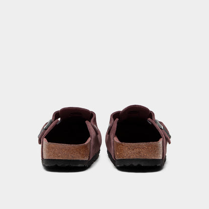 Birkenstock Women's Boston. Rear view of pepper clogs with rounded heels, suede uppers and black soles.