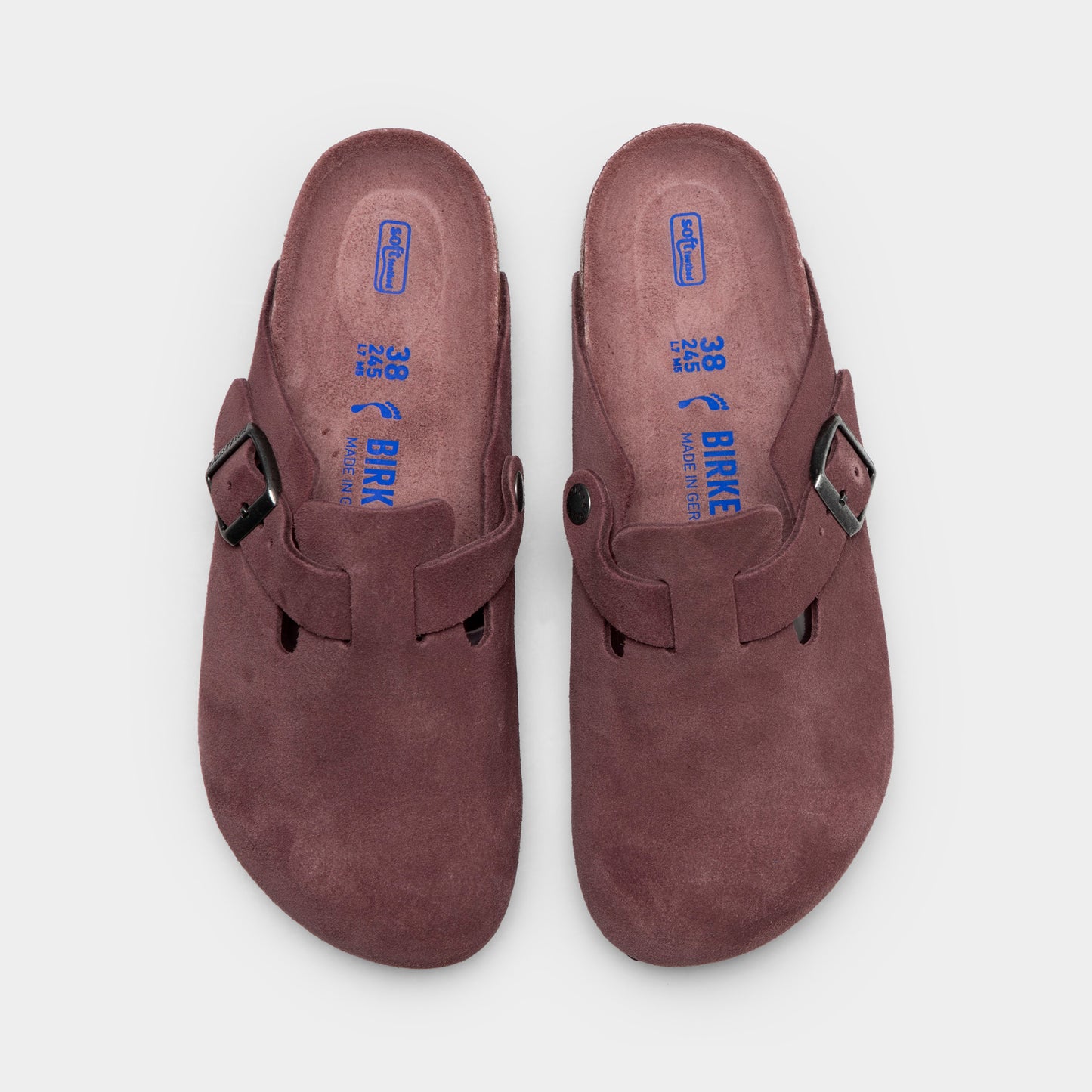 Birkenstock Women's Boston. Top view of pepper clogs showing suede uppers, adjustable buckles and blue footbed branding.