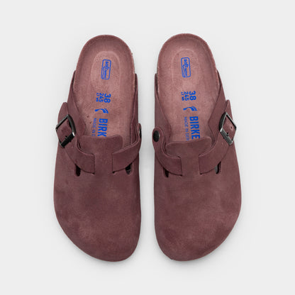 Birkenstock Women's Boston. Top view of pepper clogs showing suede uppers, adjustable buckles and blue footbed branding.