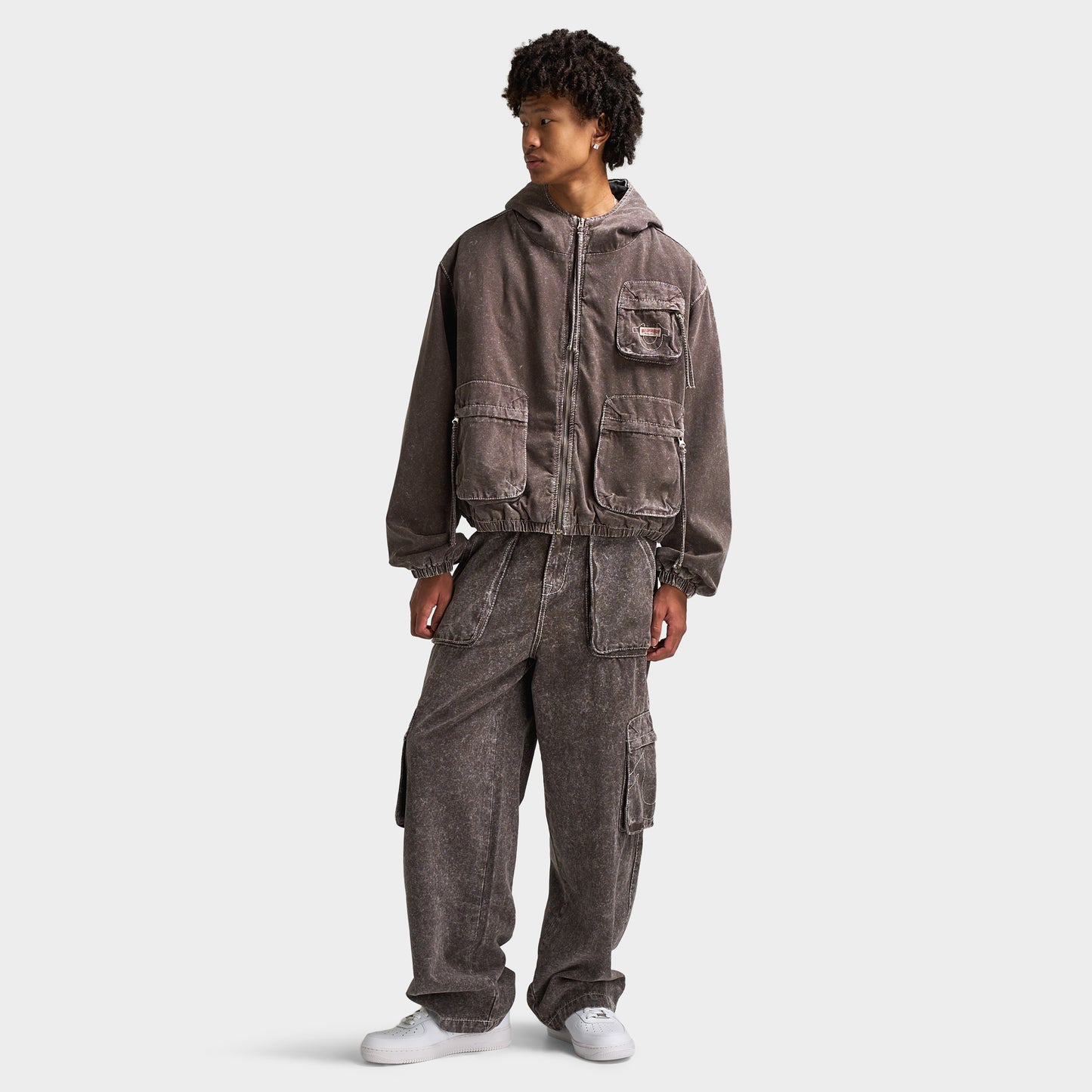 True Religion Big T Cinched Veste de travail à capuche / Marron Acid Délavé 