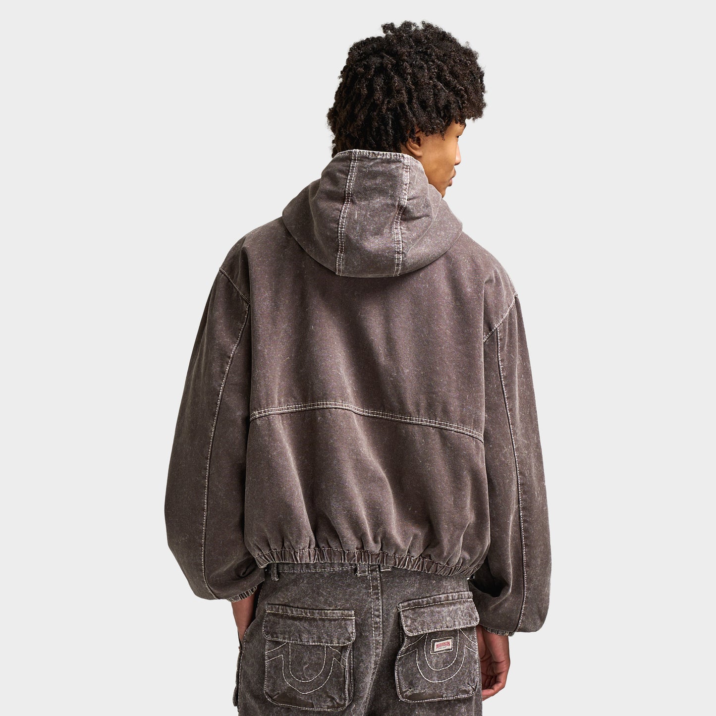 True Religion Big T Cinched Veste de travail à capuche / Marron Acid Délavé 