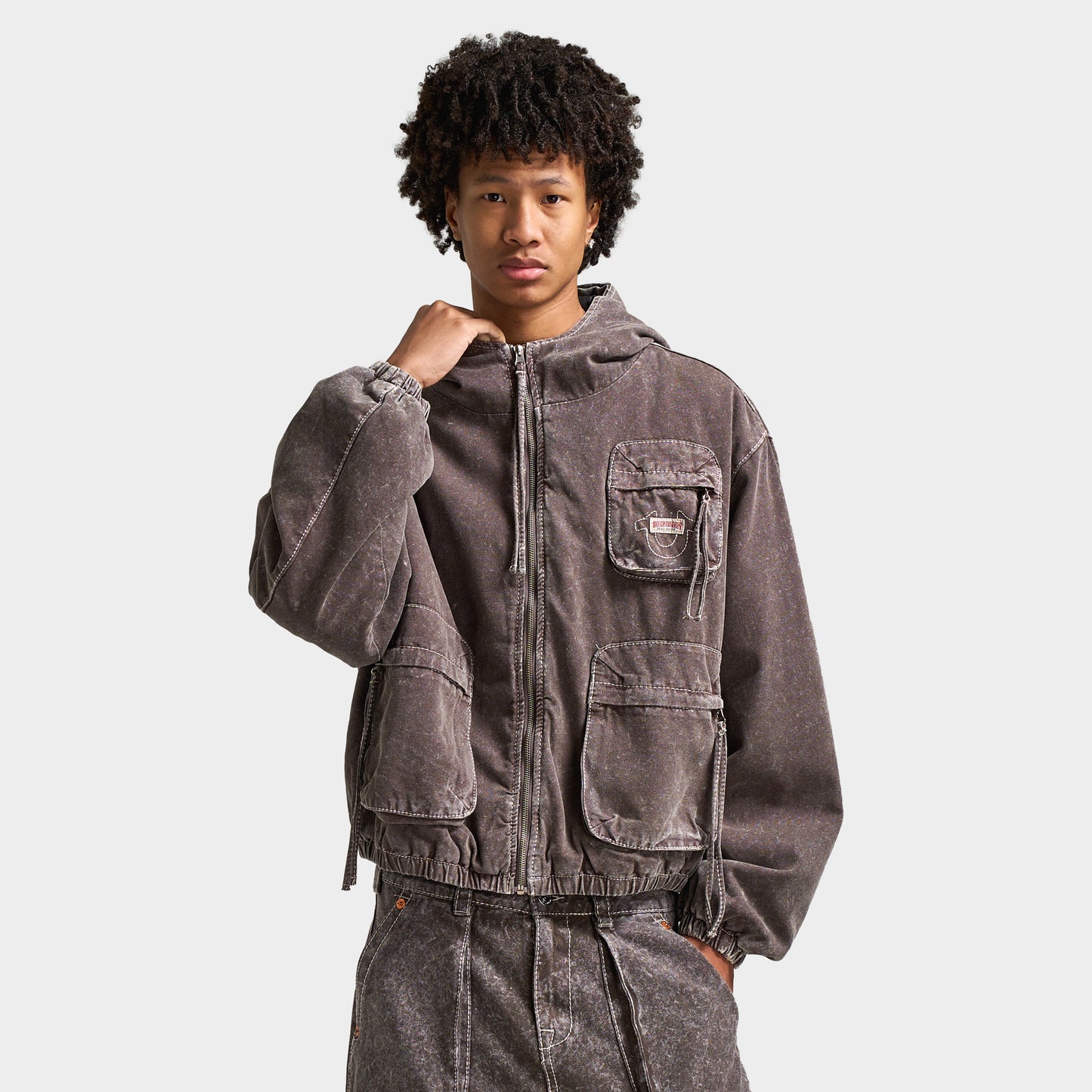 True Religion Big T Cinched Veste de travail à capuche / Marron Acid Délavé 