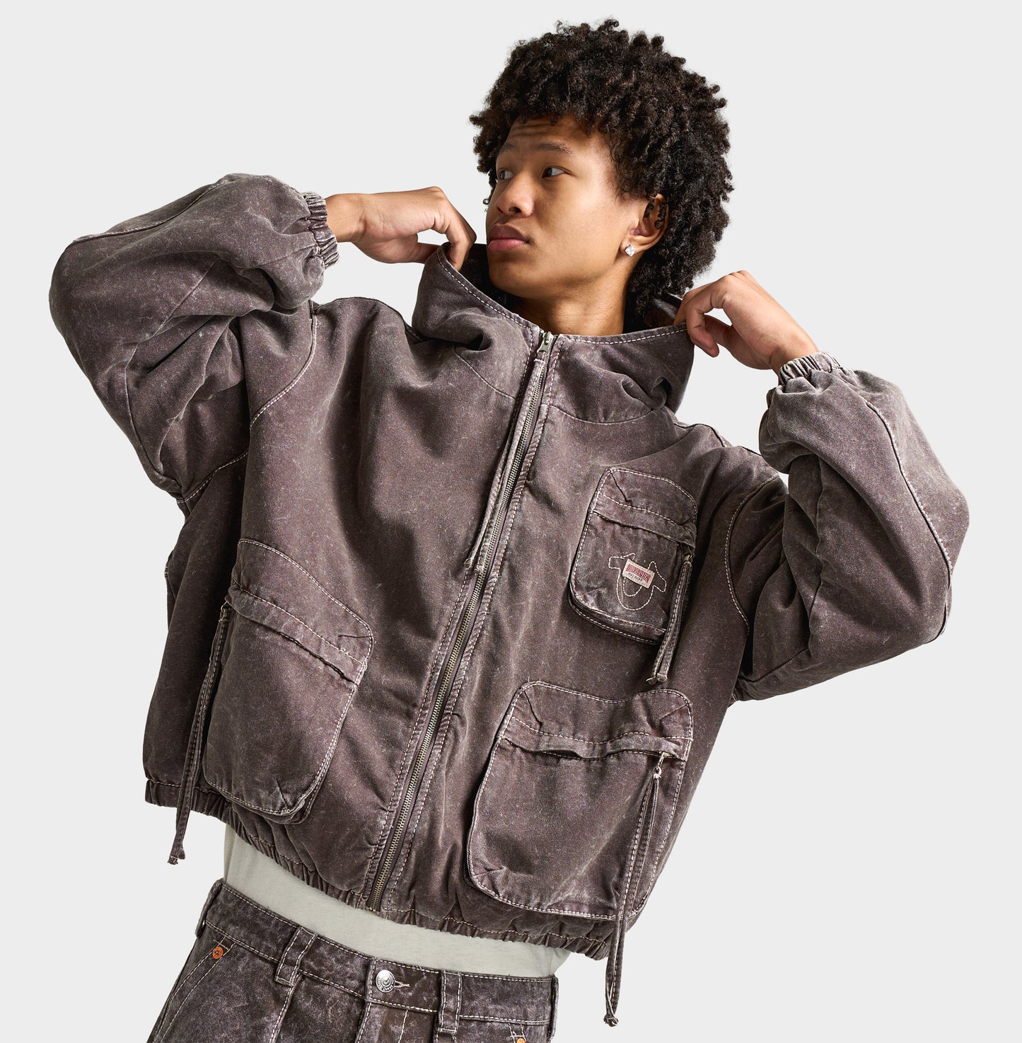 True Religion Big T Cinched Veste de travail à capuche / Marron Acid Délavé 