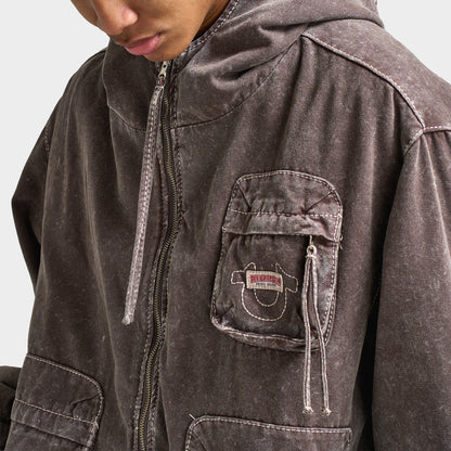 True Religion Big T Cinched Veste de travail à capuche / Marron Acid Délavé 