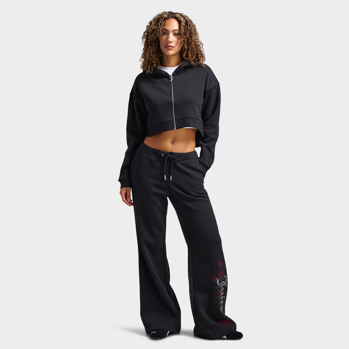 Juicy Couture Women's Cropped Full Zip Fleece Hoodie Roses / Liquorice