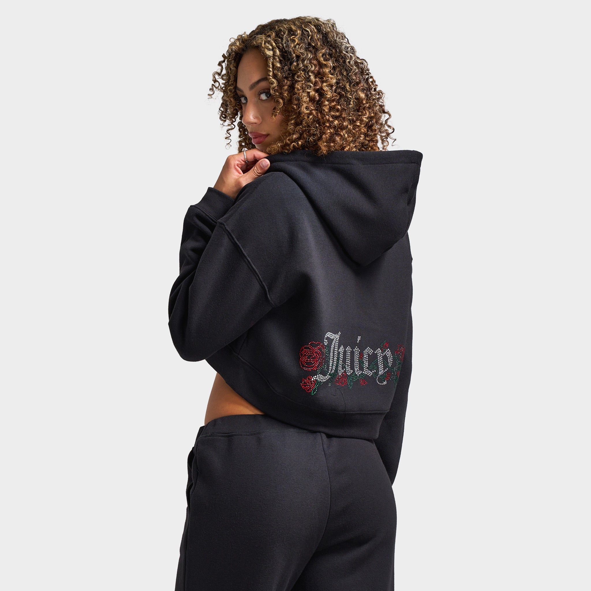 Juicy Couture Women's Cropped Full Zip Fleece Hoodie Roses