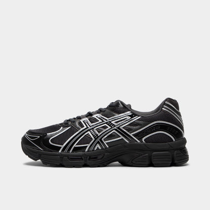ASICS Gel-Stratus MC. Side view of graphite grey and black sneaker with layered mesh panels, grey ASICS stripes and sculpted sole.
