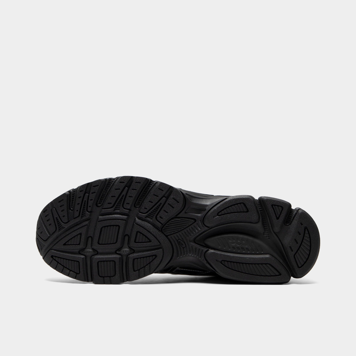 ASICS Gel-Stratus MC. Bottom view of graphite grey and black sneaker showing black segmented outsole with textured tread pattern.
