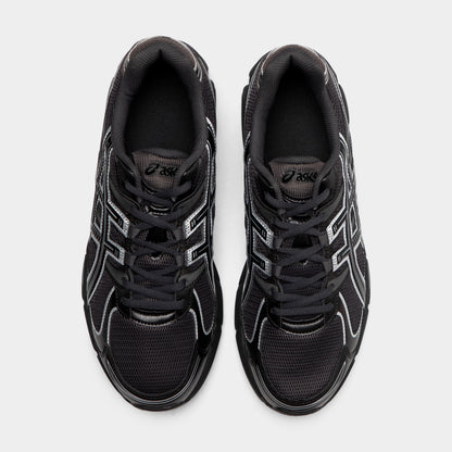 ASICS Gel-Stratus MC. Top view of graphite grey and black sneakers showing black laces, padded tongues and mesh toe boxes.