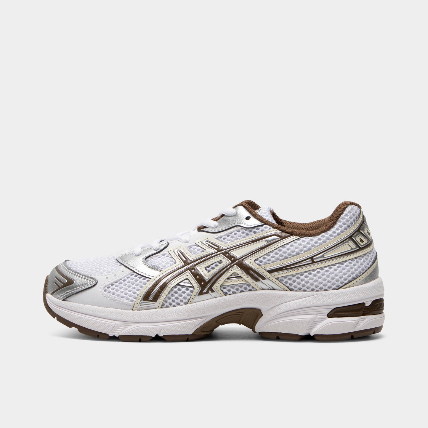 ASICS GEL-1130 GS. Side view of white and clay canyon sneaker with layered mesh panels, brown ASICS stripes and sculpted sole.