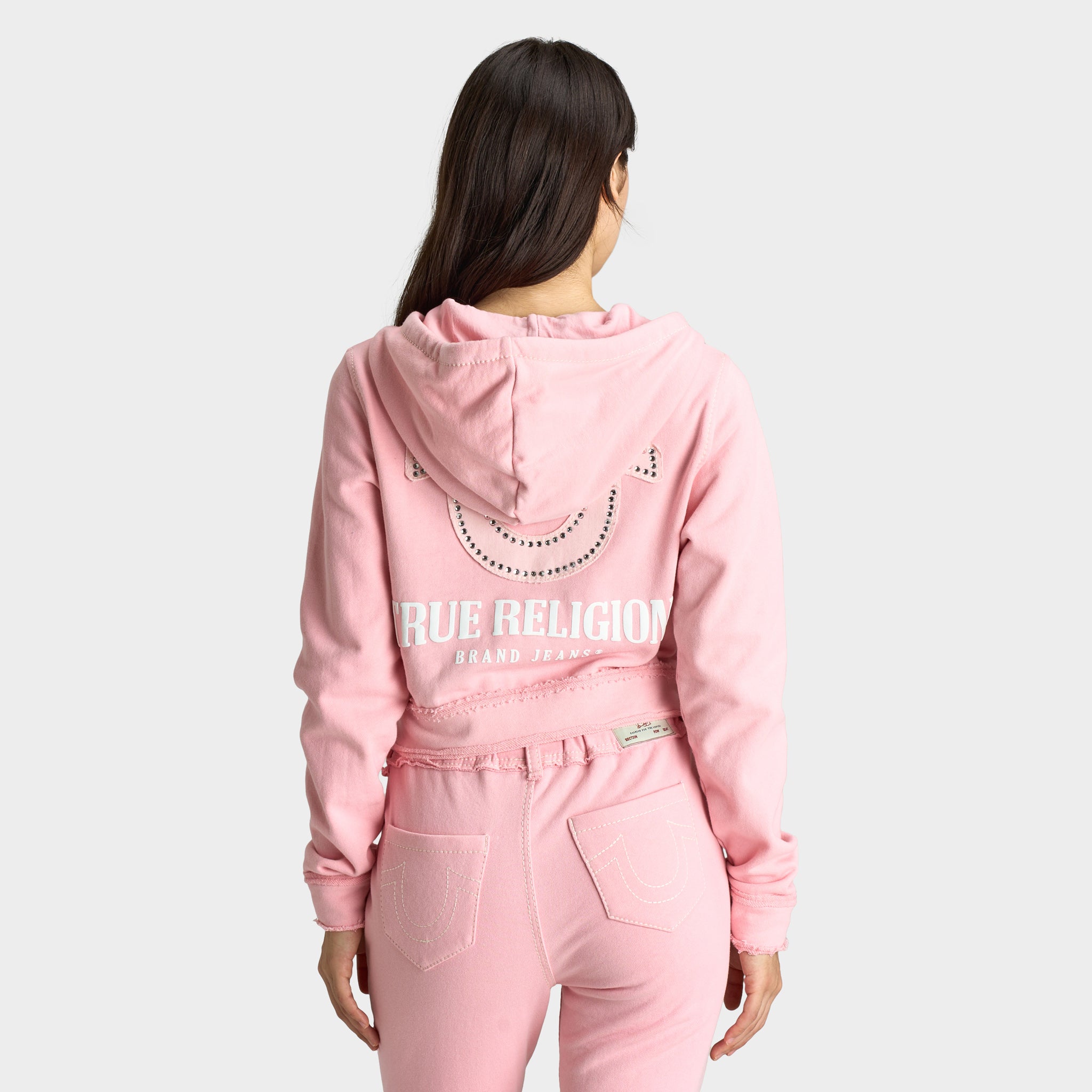 True Religion Women's Raw Edge Big T Shrunken Hoodie / Candy Pink