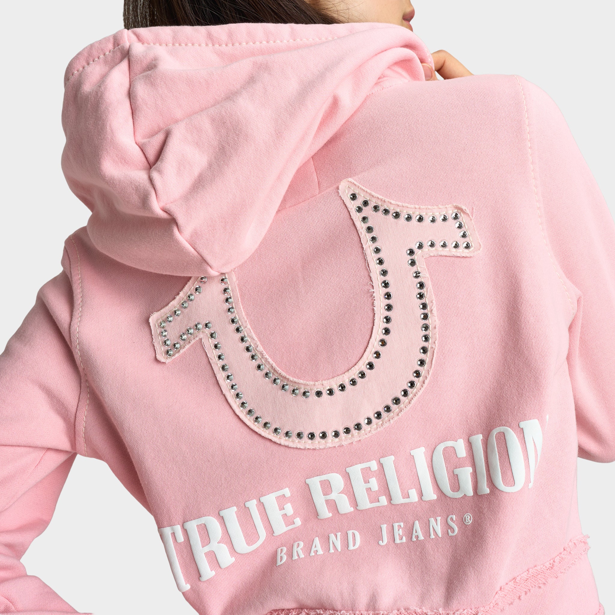 True Religion Women's Raw Edge Big T Shrunken Hoodie / Candy Pink