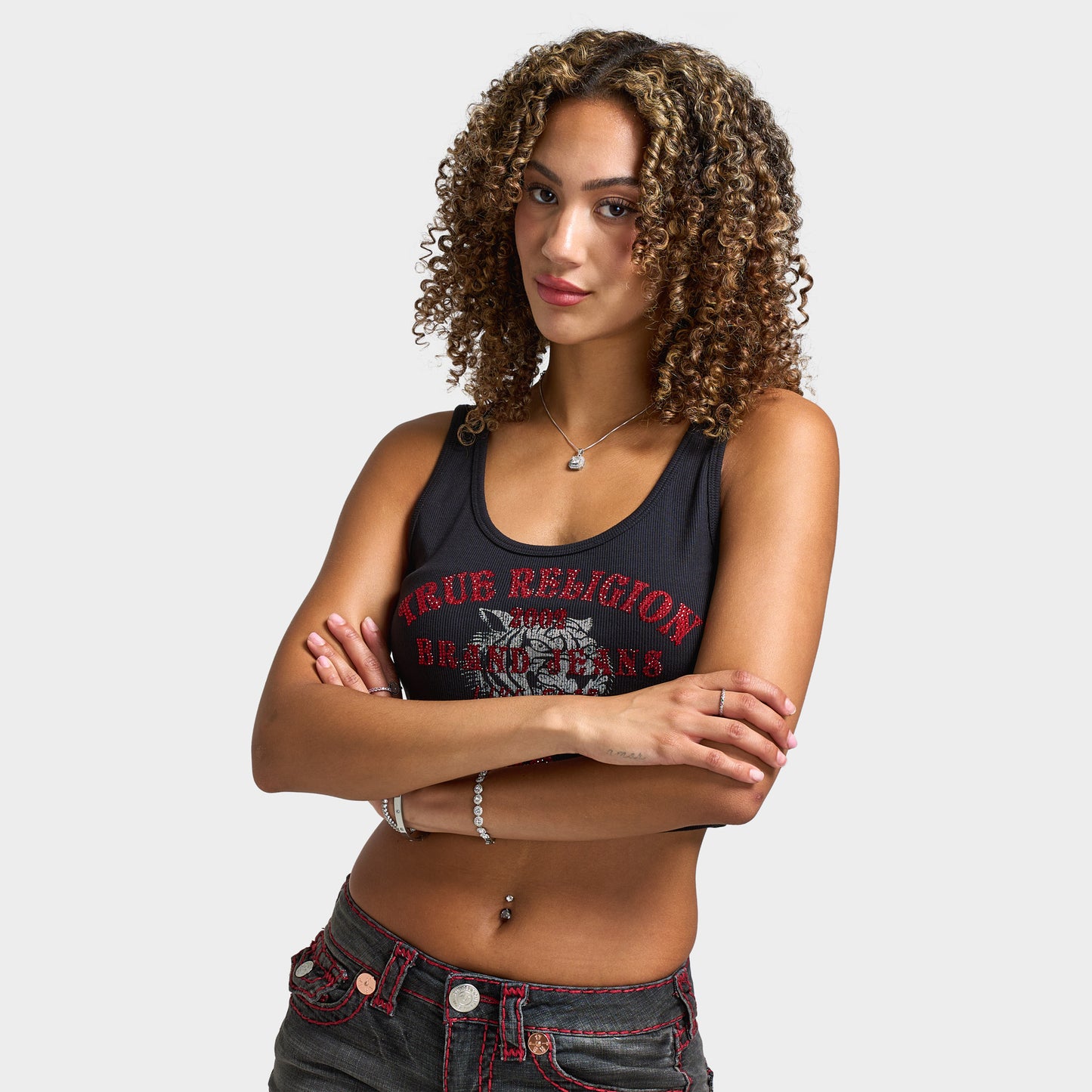 True Religion Women's Crystal Tiger Cut Hem Tank / Jet Black