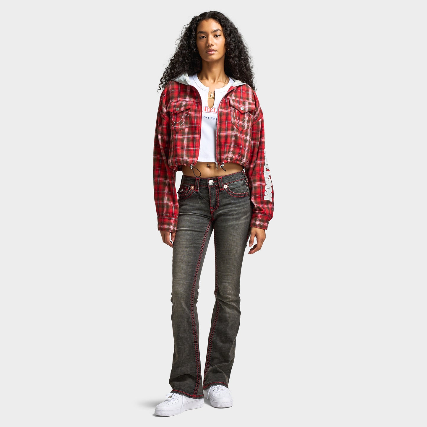True Religion Women's Applique Hoodie Shrunken Zip / Red Plaid