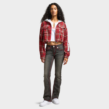 True Religion Women's Applique Hoodie Shrunken Zip / Red Plaid