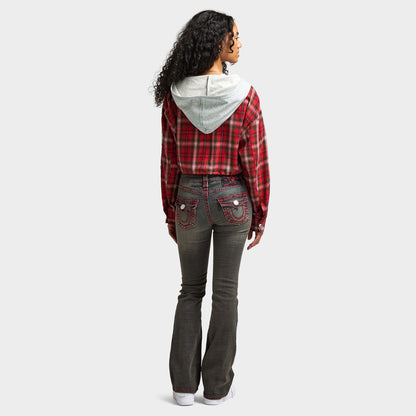 True Religion Women's Applique Hoodie Shrunken Zip / Red Plaid