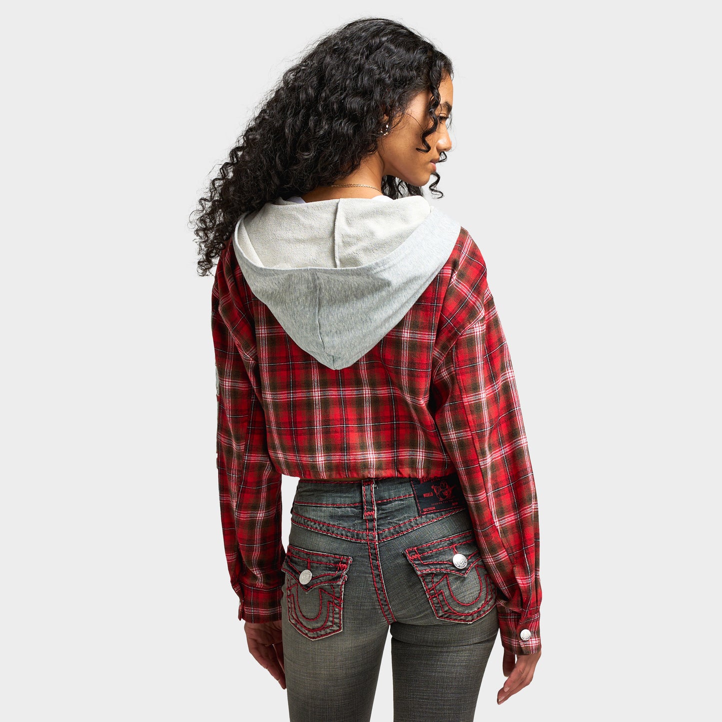 True Religion Women's Applique Hoodie Shrunken Zip / Red Plaid