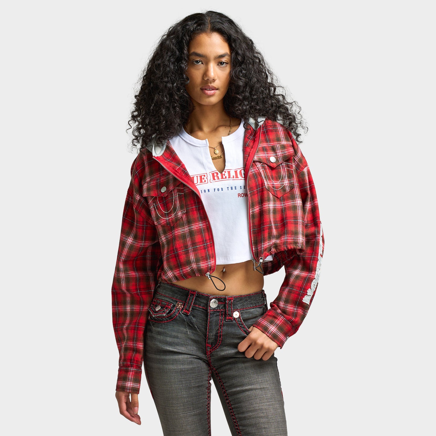 True Religion Women's Applique Hoodie Shrunken Zip / Red Plaid