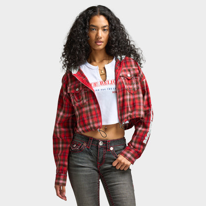 True Religion Women's Applique Hoodie Shrunken Zip / Red Plaid