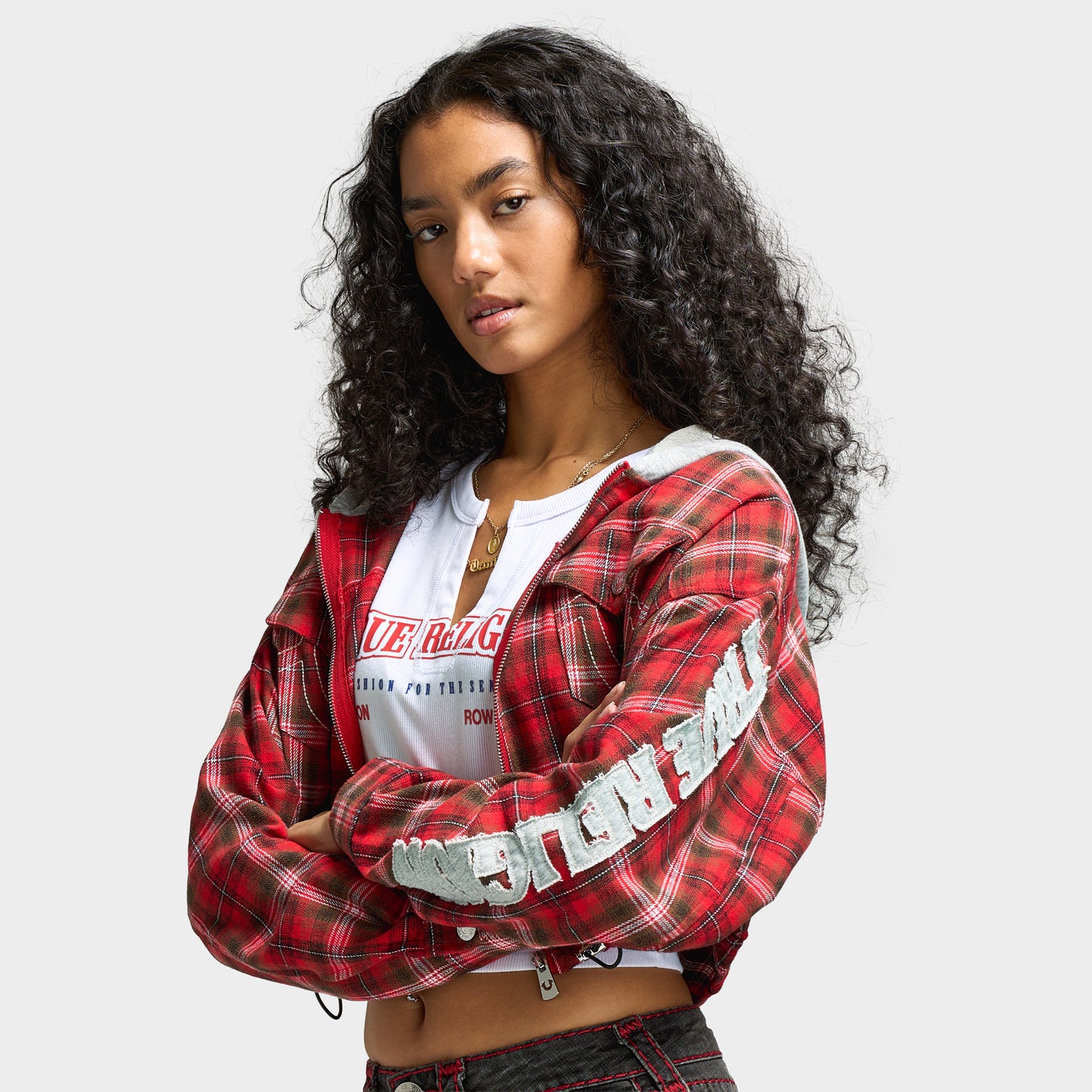 True Religion Women's Applique Hoodie Shrunken Zip / Red Plaid