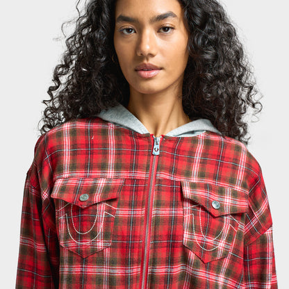 True Religion Women's Applique Hoodie Shrunken Zip / Red Plaid