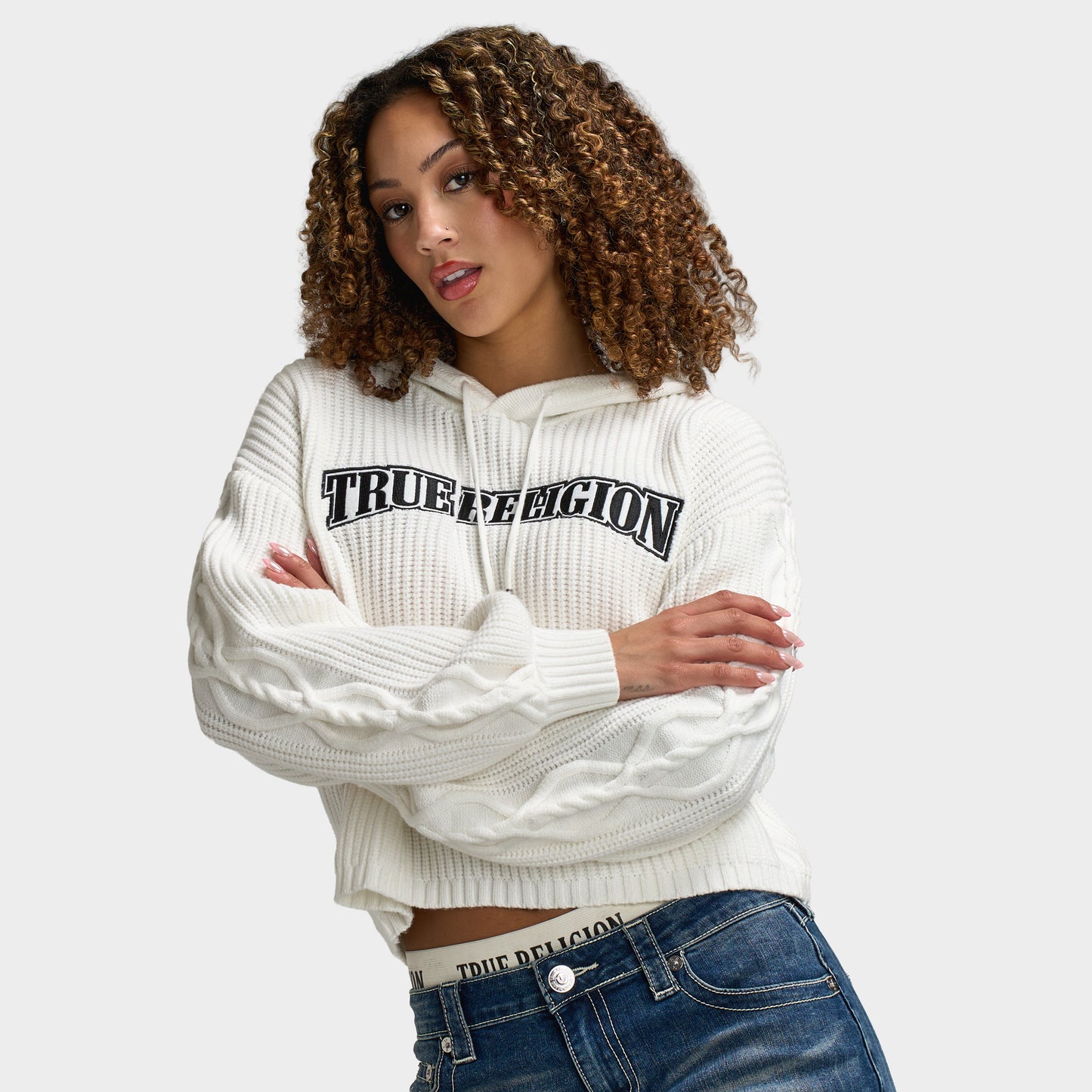 True Religion Chandail à capuche brodé pour femmes / Blanc hivernal
