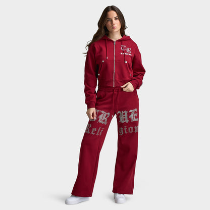 True Religion Women's Cropped Crystal Relaxed Fullzip Hoodie / Rhubarb