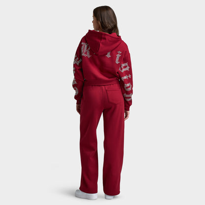 True Religion Women's Cropped Crystal Relaxed Fullzip Hoodie / Rhubarb
