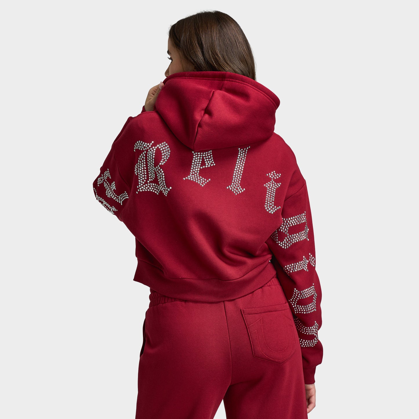 True Religion Women's Cropped Crystal Relaxed Fullzip Hoodie / Rhubarb