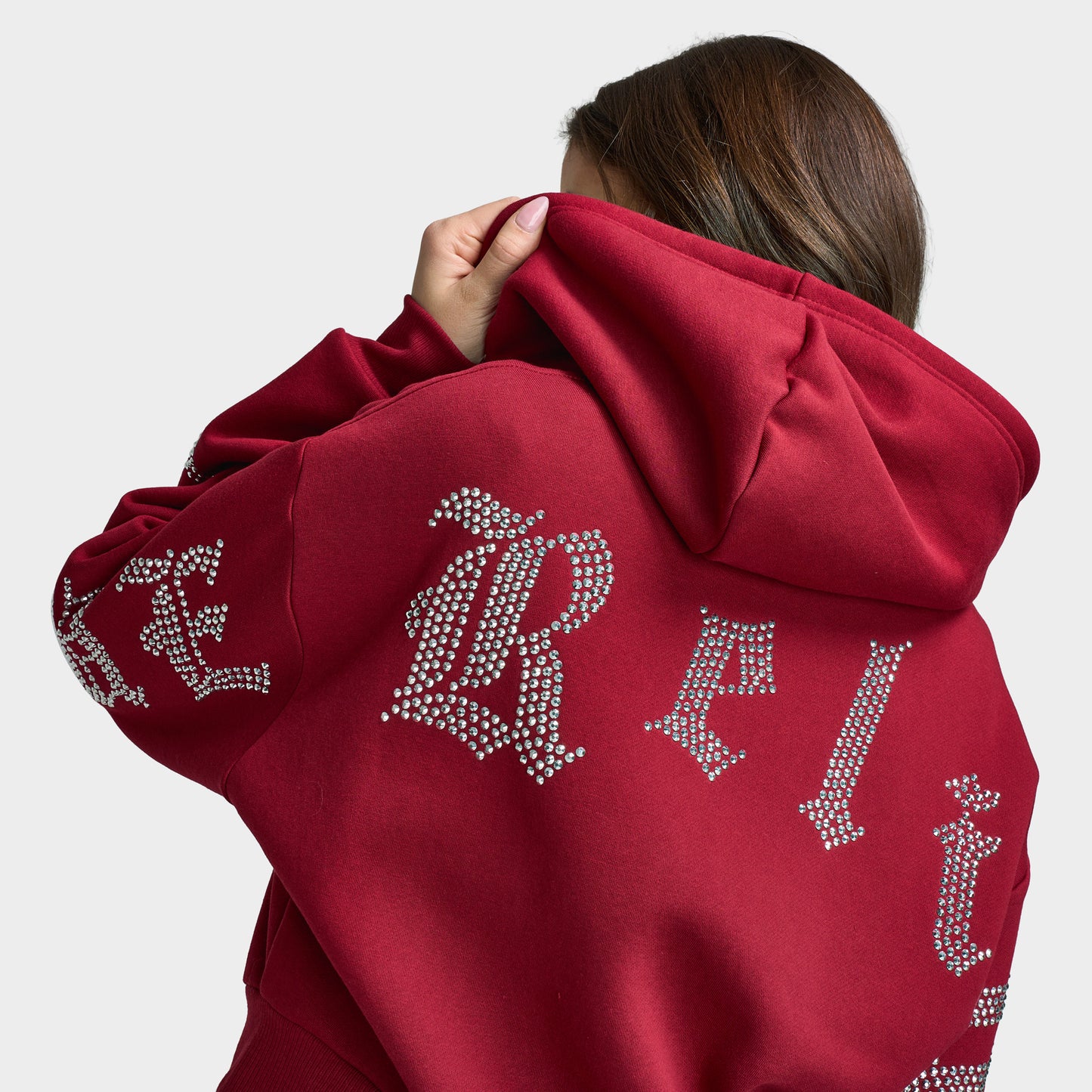 True Religion Women's Cropped Crystal Relaxed Fullzip Hoodie / Rhubarb